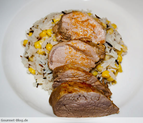 Honig-Schweinefilet mit knackigem Reis-Mais