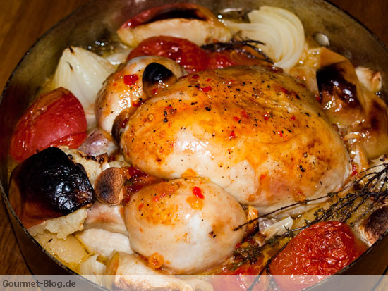 Hühnchenpfanne vom Bio - Huhn mit Apfelspalten - Gemüsezwiebeln und ...