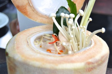 Frische Kokosnuss, geöffnet für eine feine Suppe