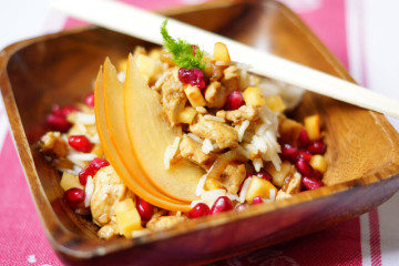 Jasminreis mit Persimon, Hähnchenbrust, Ingwer und Granatapfel