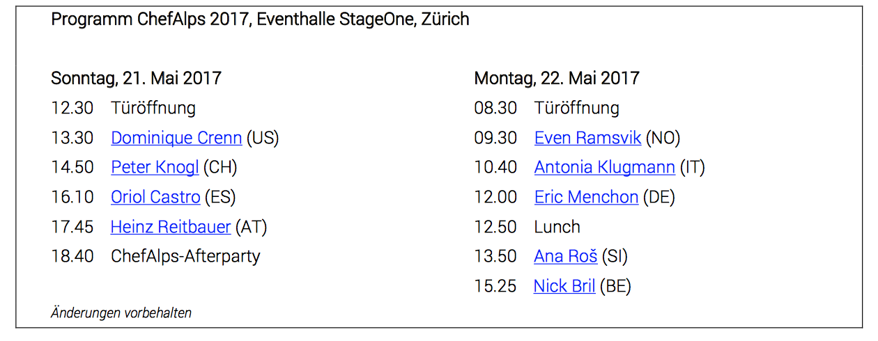 ChefAlps Zürich 2017 Programm