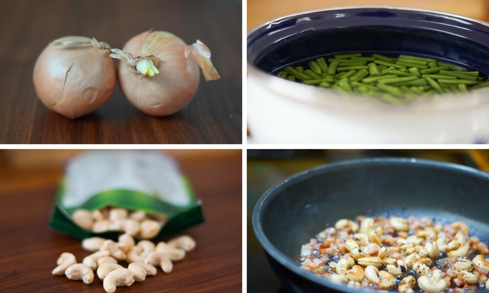 Zwiebeln schälen, schneiden, Bohnen kochen und Cashews mit Speck anrösten