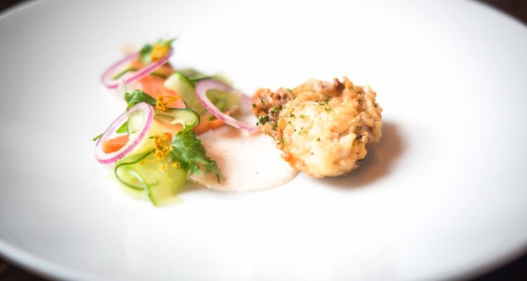 Fried Oysters from Norway with pickled Cucumber and spicy Buttermilk