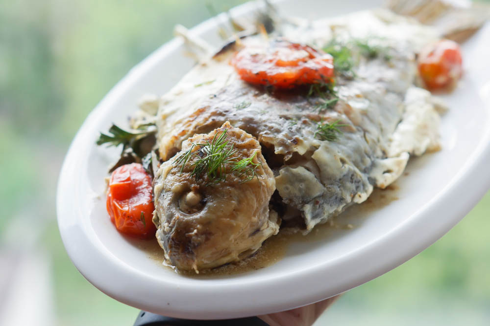 Karausche mit Kräuterfüllung, Smetana und Tomaten - Saftiger Fischgenuss