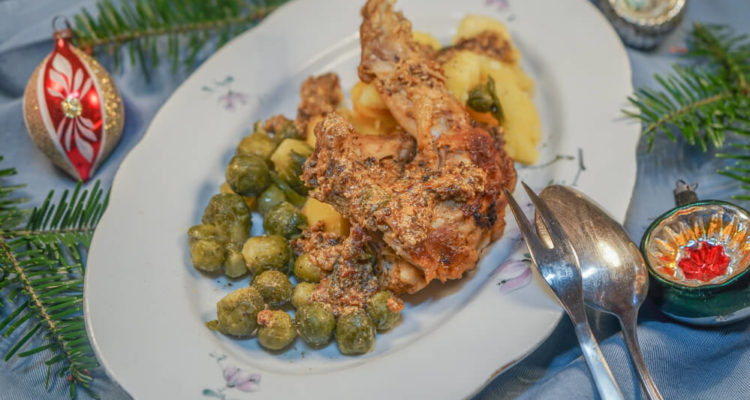 Kaninchenkeule mit Rosenkohl und Kartoffeln