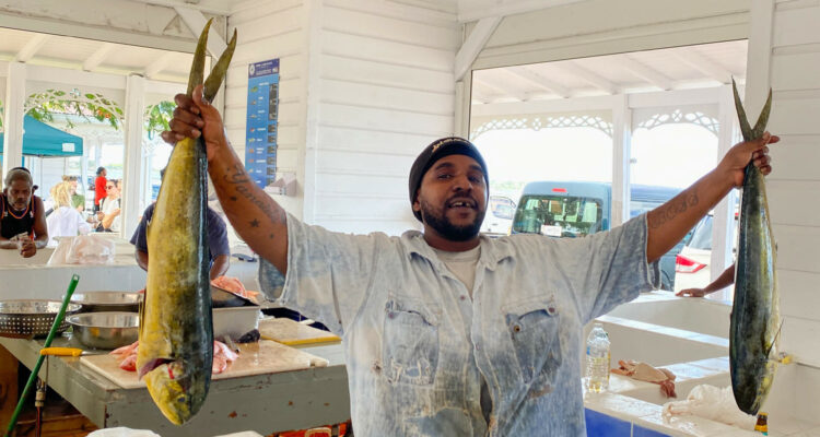 Markt in Marigot, Saint Martin - Händler mit großen Mahi Mahi